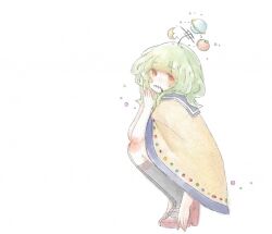 Rule 34 | 1girl, arms at sides, black socks, blue sailor collar, blunt bangs, closed mouth, crescent, elbows on knees, enpera, extra arms, floating headgear, food, from side, fruit, full body, green hair, half-closed eyes, hand in own hair, headgear, kneehighs, long hair, looking at viewer, looking to the side, mandarin orange, negative space, nekota kotaro, nizimine kakoi, orange eyes, paper texture, planet, poncho, red footwear, sailor collar, scarf, simple background, socks, solo, squatting, translation request, utau, wedge heels, white background, yellow poncho, zipper, zipper pull tab