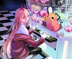 Rule 34 | + +, 1girl, :o, black pants, bottle, chainsaw man, character doll, checkered floor, commentary, crane game, cross-shaped pupils, demon horns, english commentary, feet out of frame, from above, hair between eyes, holding, holding bottle, horns, indoors, jacket, kirby, long hair, looking at viewer, off shoulder, open mouth, orange hair, pants, pochita (chainsaw man), power (chainsaw man), red eyes, red horns, red jacket, riyu (gauzama), sharp teeth, shirt, squatting, straight hair, symbol-shaped pupils, teeth, water bottle, white shirt