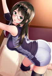 Rule 34 | 1girl, arms up, ass, bad leg, bed, bed sheet, blue shirt, blush, breasts, brown hair, commentary request, elbow pads, feet out of frame, female focus, from above, green eyes, gym shorts, gym uniform, hair ornament, hairband, huyumitsu, indoors, knee pads, kneeling, long hair, looking at viewer, looking up, medium breasts, on bed, open mouth, original, pillow, shirt, shorts, skindentation, sleeveless, sleeveless shirt, solo, sportswear, thighs, uniform, volleyball uniform, white shorts