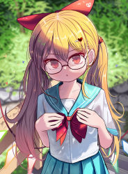 Rule 34 | 1girl, alternate costume, aqua sailor collar, aqua skirt, bespectacled, blonde hair, blurry, blurry background, blush, bow, bowtie, chair, collarbone, commentary, cowboy shot, english commentary, flandre scarlet, glasses, hair between eyes, hair bow, long hair, looking at viewer, outdoors, pleated skirt, red bow, red bowtie, red eyes, sailor collar, sailor shirt, school chair, shirt, skirt, solo, sseopik, touhou, tree, twintails, wings