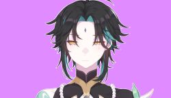 Rule 34 | 1boy, aqua hair, armor, black hair, blush, closed mouth, commentary, covered collarbone, diamond-shaped pupils, diamond (shape), english commentary, eyeshadow, facial mark, forehead mark, genshin impact, gold trim, hair between eyes, half-closed eyes, highres, jewelry, kyou 0120, looking afar, makeup, male focus, mandarin collar, multicolored hair, necklace, pearl necklace, purple background, red eyeshadow, shirt, short hair, shoulder armor, sidelocks, simple background, single bare shoulder, sleeveless, sleeveless shirt, solo, standing, symbol-shaped pupils, two-tone hair, upper body, white shirt, xiao (genshin impact), yellow eyes