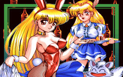 Rule 34 | 1990s (style), 2girls, :d, ^ ^, adapted costume, akazukin chacha, alternate costume, animal, animal ears, armpits, bare arms, bare shoulders, blonde hair, blue skirt, bottle, bracelet, bracer, breasts, brooch, brown eyes, c:, cleavage, closed eyes, closed mouth, collarbone, covered navel, dishes, dog, drink, dual persona, fake animal ears, fangs, female focus, fishnet pantyhose, fishnets, hair between eyes, hand up, happy, head wings, holding, holding tray, jewelry, large breasts, leotard, long hair, looking at another, looking at viewer, magical princess, multiple girls, multiple views, neck, neck ring, open mouth, pantyhose, playboy bunny, rabbit ears, rabbit tail, red leotard, retro artstyle, riiya, short sleeves, skirt, smile, standing, strapless, strapless leotard, tail, thighhighs, tray, undressing, waitress, white legwear, wings, wrist cuffs