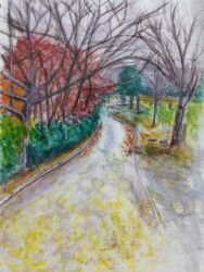 Rule 34 | autumn, autumn leaves, bare tree, bush, fence, fence post, grass, hedge, highres, leaf, maple leaf, no humans, original, painting (medium), path, pcpqapfxcw0ky8w, road, traditional media, tree, watercolor (medium)