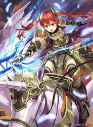 Rule 34 | 1girl, action, armor, armored boots, black thighhighs, boots, breastplate, feathers, fire, fire emblem, fire emblem awakening, fire emblem cipher, full body, hmk84, lance, long hair, nintendo, official art, open mouth, pegasus, pegasus knight uniform (fire emblem), polearm, red eyes, red hair, severa (fire emblem), solo, thighhighs, twintails, watermark, weapon, zettai ryouiki