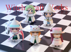 Rule 34 | 10s, 5girls, animal ears, black hair, blue eyes, book, bow, cape, checkered floor, chessboard, chibi, copyright name, eyepatch, floor, from above, glasses, green hair, hair intakes, hat, heart, holding, holding scythe, holding sword, holding weapon, hood, katana, katsura kotetsu, kazari rin, kuraishi tanpopo, looking at viewer, menowa mei, multicolored clothes, multicolored headwear, multiple girls, orange hair, pink bow, pink eyes, pink hair, pom pom (clothes), scythe, siraha, standing, sword, utsugi kanna, weapon, white eyes, witch craft works, witch hat