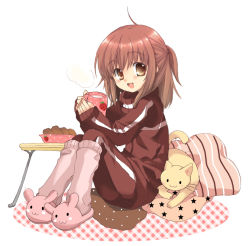 Rule 34 | ahoge, bad id, bad pixiv id, blush, brown eyes, brown hair, cat, cup, flat chest, food, izumi rei, jacket, kneehighs, original, oversized clothes, pillow, sleeves past wrists, slippers, smile, socks, solo, table, track jacket