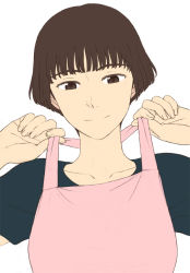 Rule 34 | 00s, 1girl, adjusting clothes, apron, black shirt, blouse, brown eyes, brown hair, flat color, gake no ue no ponyo, jas (littlecrime), lisa (ponyo), looking down, pink apron, portrait, shirt, short hair, simple background, smile, solo, strap lift, studio ghibli, upper body, white background