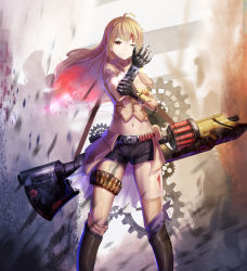 Rule 34 | 1girl, absurdres, adjusting clothes, adjusting gloves, ahoge, bandolier, belt, belt pouch, black footwear, black gloves, black shorts, blonde hair, blood, blood on face, boots, buckle, cannon, closed mouth, fingerless gloves, floating hair, frown, gauntlets, gears, gloves, highres, legs apart, long hair, mechanical arms, midriff, motion blur, one eye closed, orange eyes, pouch, puffy short sleeves, puffy sleeves, rwby, shell casing, short sleeves, shorts, single glove, single mechanical arm, single thighhigh, solo, spoilers, standing, thigh strap, thighhighs, waist cape, weapon, x-red flower, yang xiao long, yellow thighhighs