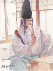 Rule 34 | 1boy, artist name, blue hakama, board game, closed mouth, dated, eyelashes, folded fan, folding fan, fujiwara no sai, go (board game), hakama, half-closed eyes, hand fan, hand up, hat, highres, hikaru no go, holding, holding fan, indoors, japanese clothes, kariginu, long hair, looking away, male focus, natsuhiro, purple hair, ribbon-trimmed sleeves, ribbon trim, sitting, sleeves past wrists, solo, tate eboshi, thinking, traditional media, very long hair, wide sleeves