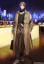 Rule 34 | 1boy, alternate costume, bag, black sweater, blurry, blurry background, brown coat, brown eyes, brown hair, brown pants, building, coat, copyright notice, counter, curtained hair, full body, grey footwear, hand in pocket, holding, holding bag, itefu, kagami hayato, long sleeves, looking at viewer, male focus, night, nijisanji, official art, open clothes, open coat, outdoors, pants, parted bangs, sample watermark, shoes, shopping bag, short hair, skyscraper, smile, solo, standing, sweater, tile floor, tiles, turtleneck, turtleneck sweater, virtual youtuber, watermark