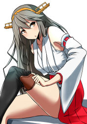 Rule 34 | 10s, 1girl, bad id, bad pixiv id, brown eyes, commentary request, detached sleeves, dressing, grey hair, hairband, hakama, hakama skirt, haruna (kancolle), headgear, highres, japanese clothes, kantai collection, long hair, nontraditional miko, open mouth, shadow, simple background, sitting, skirt, solo, thighhighs, thighhighs pull, thighs, white background, wide sleeves, yoiyoi (kannkann100)