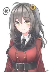 Rule 34 | 1girl, absurdres, aged down, ahoge, belt, blush, buttons, closed mouth, flower, girls&#039; frontline, grey hair, griffin &amp; kryuger military uniform, hair flower, hair ornament, helianthus (girls&#039; frontline), highres, hiromaster sinta jh, military, military uniform, necktie, signature, solo, speech bubble, spoken squiggle, squiggle, uniform, upper body, wavy mouth, white background, yellow eyes