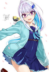 Rule 34 | 1girl, :d, animal, bespectacled, bird, blue cardigan, blue hair, blue ribbon, blue serafuku, blue shirt, blue skirt, blush, cardigan, collared shirt, commentary request, cropped legs, dated, duck, formal, glasses, grey jacket, hair ornament, highres, jacket, leg up, lize helesta, lize helesta (4th costume), long hair, long sleeves, looking at viewer, multicolored hair, neck ribbon, necktie, nijisanji, open cardigan, open clothes, open mouth, petals, pleated skirt, ponytail, purple eyes, ribbon, sailor collar, school uniform, sebastian piyodore, serafuku, shirt, sidelocks, signature, simple background, skirt, sleeves past wrists, smile, suit, tarachine, two-tone hair, very long hair, virtual youtuber, white background, white hair, white sailor collar