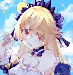 Rule 34 | 1girl, absurdres, blonde hair, blue sky, bubble, cloud, detached sleeves, dress, eyepatch, eyes visible through hair, fischl (ein immernachtstraum) (genshin impact), fischl (genshin impact), gem, genshin impact, hair ornament, hairband, heart, heart-shaped pupils, highres, light blush, long hair, looking at viewer, luobotou cuncun zhang, off shoulder, open mouth, outdoors, purple hairband, purple ribbon, red eyes, ribbon, signature, sky, solo, symbol-shaped pupils, unworn eyepatch, white dress
