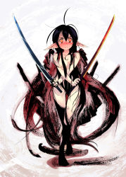 Rule 34 | 1girl, absurdly long hair, black hair, blush, breasts, dual wielding, holding, long hair, looking at viewer, nanaroku (fortress76), nude, pixiv fantasia, pixiv fantasia new world, pointy ears, solo, sword, very long hair, weapon