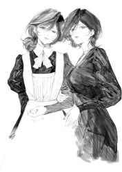 Rule 34 | 2girls, apron, cowboy shot, dress, hair between eyes, holding another&#039;s arm, jewelry, long sleeves, looking at viewer, maid, maid apron, moaomao mo, monochrome, multiple girls, necklace, original, parted lips, short hair, short ponytail, simple background, sketch, smile, standing, unfinished, white background