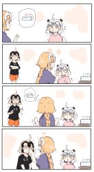 Rule 34 | 3girls, 4koma, ^ ^, absurdres, ahoge, black shirt, blonde hair, blush stickers, bow, braid, brown eyes, closed eyes, closed mouth, comic, crossed arms, closed eyes, fate/grand order, fate (series), flying sweatdrops, green bow, hair bow, highres, jeanne d&#039;arc (fate), jeanne d&#039;arc (ruler) (fate), jeanne d&#039;arc alter (avenger) (fate), jeanne d&#039;arc alter (fate), jeanne d&#039;arc alter santa lily (fate), layered sleeves, light brown hair, long hair, long sleeves, multiple girls, orange shorts, parted lips, pink shirt, profile, purple eyes, purple shirt, ranf, shirt, short over long sleeves, short shorts, short sleeves, shorts, silent comic, single braid, snot, spoken object, striped, striped bow, tissue box, translation request, very long hair, wavy mouth, white hair
