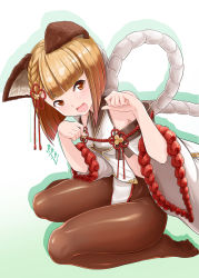 Rule 34 | 1girl, animal ears, bare shoulders, blonde hair, blunt bangs, braid, brown pantyhose, bunji, cat ears, detached sleeves, dog ears, artistic error, french braid, full body, granblue fantasy, highres, japanese clothes, leaning forward, looking at viewer, open mouth, pantyhose, paw pose, pelvic curtain, rope, seiza, shimenawa, short eyebrows, short hair, sitting, smile, solo, thighs, vajra (granblue fantasy), wrong foot