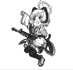Rule 34 | 1girl, :o, animal ear headphones, animal ears, arm up, assault rifle, blue archive, blush, bow, cat ear headphones, cat ears, cat tail, clenched hand, commentary, fake animal ears, ganbarutoufu, gun, hair bow, halo, headphones, highres, holding, holding gun, holding weapon, jacket, jumping, legs, long sleeves, looking ahead, midair, momoi (blue archive), monochrome, necktie, open clothes, open jacket, rifle, shirt, shoes, short hair, sidelocks, skirt, solo, suspenders, tail, thighhighs, thighs, v-shaped eyebrows, weapon, white background, wide sleeves