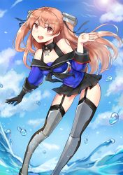 Rule 34 | 1girl, black gloves, black sailor collar, black skirt, black thighhighs, blue shirt, blue sky, breasts, character name, cleavage, cloud, day, feet out of frame, garter straps, gloves, highres, johnston (kancolle), kantai collection, leaning forward, lens flare, light brown hair, long hair, medium breasts, off shoulder, open mouth, outdoors, pleated skirt, red eyes, round teeth, sailor collar, school uniform, serafuku, shin guards, shirt, single glove, skirt, sky, smile, solo, splashing, standing, teeth, thighhighs, tokikouhime, two side up, upper teeth only, water