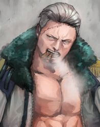 Rule 34 | 1boy, cigar, coat, facial hair, goatee, large pectorals, male focus, mature male, one piece, open clothes, open coat, pectorals, short hair, sideburns, sige 94, smoker (one piece), smoking, solo, stitches, upper body, white hair