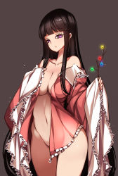 Rule 34 | 1girl, black hair, branch, breasts, brown background, collarbone, convenient censoring, cowboy shot, dress, duplicate, female focus, frills, hand on own chest, highres, hime cut, houraisan kaguya, large breasts, long hair, looking at viewer, navel, no bra, no panties, nude, off shoulder, pixel-perfect duplicate, purple eyes, raptor7, see-through, simple background, solo, touhou, very long hair, wide hips, wide sleeves