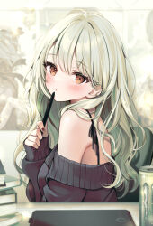 Rule 34 | 1girl, arm at side, bare shoulders, black shirt, blush, book, book stack, brown eyes, brown nails, day, dot nose, ear piercing, from side, green hair, hair between eyes, head tilt, highres, holding, holding pen, indoors, long bangs, long hair, long sleeves, looking at viewer, monster energy, nail polish, off shoulder, original, pen, piercing, puckered lips, shirt, sleeve cuffs, sleeves past wrists, solo, upper body, wavy hair, yugaa