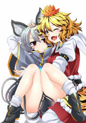 Rule 34 | &gt;:), 2girls, ;d, animal ears, animal print, arm garter, black ribbon, black skirt, blush, capelet, fang, grey hair, hair between eyes, hair ornament, highres, hug, jewelry, juliet sleeves, knees together feet apart, long sleeves, looking at another, looking at viewer, mouse ears, mouse tail, multiple girls, nail polish, nazrin, neck ribbon, one eye closed, open mouth, pendant, headpat, puffy sleeves, red nails, ribbon, rihito (usazukin), short hair, skirt, smile, tail, tiger print, toramaru shou, touhou, v-shaped eyebrows