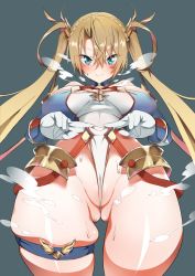 Rule 34 | 1girl, armor, ass, bare shoulders, blonde hair, blue background, blue eyes, blush, bradamante (fate), bradamante (first ascension) (fate), braid, breasts, detached sleeves, fate/grand order, fate (series), furau, gloves, hair between eyes, highres, large breasts, leotard, looking at viewer, partially visible vulva, simple background, smile, solo, sweatdrop, thigh strap, twintails, wedgie, white gloves