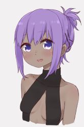 Rule 34 | 1girl, alternate hairstyle, bare shoulders, black leotard, blush, breasts, covered collarbone, cropped torso, dark-skinned female, dark skin, fate/prototype, fate/prototype: fragments of blue and silver, fate (series), grey background, hair between eyes, hair ornament, hairclip, hassan of serenity (fate), i.u.y, leotard, parted lips, purple eyes, purple hair, sidelocks, simple background, small breasts, smile, solo, teeth, upper body, upper teeth only