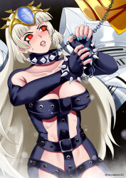 Rule 34 | 1girl, alternate hair color, alternate hair length, alternate hairstyle, angel (megami tensei), blonde hair, blue nails, bracelet, breasts, chain, chain leash, clenched teeth, collar, corruption, cropped legs, eyeliner, haryudanto, headpiece, highres, jewelry, joanna (persona 5), leash, lipstick, long hair, makeup, medium breasts, nail polish, niijima makoto, persona, persona 5, red eyes, restrained, revealing clothes, runny makeup, spiked bracelet, spiked collar, spikes, standing, teeth, very long hair