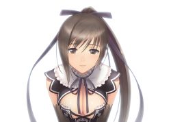 Rule 34 | 10s, 1girl, black gloves, black hair, bow, breast press, breasts, brown eyes, brown hair, cleavage, collar, detached collar, dress, earrings, elbow gloves, frilled collar, frilled shirt collar, frills, gloves, hair ribbon, highres, jewelry, large breasts, light smile, lipgloss, lips, long hair, looking at viewer, maxima sakuya enfield, official art, ponytail, purple ribbon, ribbon, shining (series), shining hearts, sidelocks, simple background, solo, tony taka, upper body, v arms, white background