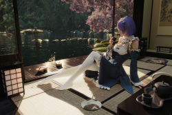 Rule 34 | 1girl, arm support, bare shoulders, blue eyes, blue hair, breasts, cherry blossoms, closed mouth, corrupted metadata, cup, detached sleeves, frilled sleeves, frills, from side, geta, hair ornament, hair ribbon, highres, holding, holding cup, knee up, knees up, lips, maid, maid headdress, medium breasts, nose, pantyhose, pillow, pink ribbon, purple ribbon, re:zero kara hajimeru isekai seikatsu, realistic, reclining, red ribbon, rem (re:zero), ribbon, ribbon-trimmed clothes, ribbon trim, rui li, short hair, sitting, skirt, solo, tatami, underbust, water, white pantyhose, x hair ornament