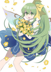 1girl absurdres blue_dress bouquet bow collar crossed_arms daiyousei dress fairy_wings flower green_eyes green_hair hair_between_eyes hands_up highres leaf long_hair looking_at_viewer open_mouth petals ponytail shocho_(shaojiujiu) short_sleeves simple_background smile solo touhou white_background white_collar white_sleeves wings yellow_bow yellow_flower yellow_neckwear