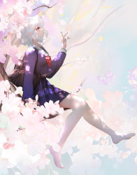 Rule 34 | 1girl, arm up, bag, barefoot, black bag, blue nails, blue shirt, blue skirt, cherry blossoms, floral background, from side, handbag, highres, in tree, light blush, liu liaoliao, nail polish, nature, neckerchief, original, parted lips, pleated skirt, red eyes, red neckerchief, sailor collar, school bag, school uniform, serafuku, shirt, sitting, sitting in tree, skirt, solo, thighhighs, tree, white hair, white sailor collar, white thighhighs