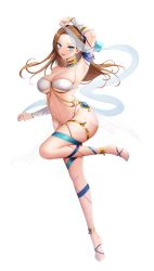 Rule 34 | 1girl, :d, absurdres, alternate costume, anklet, arm up, armpits, bare shoulders, barefoot, blue eyes, blue nails, blush, breasts, brown hair, cleavage, collarbone, dancer, earrings, eyelashes, feet, female focus, fingernails, forehead, full body, gem, gold choker, gold trim, highres, jewelry, katarina claes, knee up, lethe (lethe187), long hair, looking at viewer, lots of jewelry, medium breasts, nail polish, navel, o-ring, o-ring top, open mouth, otome game no hametsu flag shika nai akuyaku reijou ni tensei shite shimatta, revealing clothes, sash, see-through, simple background, smile, solo, standing, standing on one leg, strapless, symbol-only commentary, thigh strap, thighs, toenail polish, toenails, toes, tube top, v-shaped eyebrows, white background