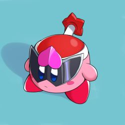 Rule 34 | alien, avataro sentai donbrothers, blue background, blue eyes, copy ability, cosplay, donmomotarou, donmomotarou (cosplay), kirby, kirby (series), mask, nintendo, shadow, shadow (modeler3622), solo, standing, super sentai, visor