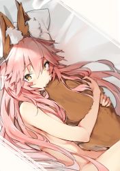 Rule 34 | 1girl, absurdres, animal ear fluff, animal ears, blush, bow, brown eyes, closed mouth, commentary request, dutch angle, fate/extra, fate (series), fox ears, fox girl, fox tail, hair between eyes, hair bow, highres, hugging own tail, hugging tail, long hair, looking at viewer, lying, nude, on back, pink hair, silver (chenwen), solo, tail, tail raised, tamamo (fate), tamamo no mae (fate/extra), unfinished, very long hair, white bow