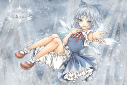 Rule 34 | 1girl, bad id, bad pixiv id, bloomers, blue eyes, blue hair, bobby socks, bow, cirno, dress, fairy, hair bow, ice, ice wings, looking at viewer, mary janes, matching hair/eyes, nail polish, nejimaki oz, open mouth, puffy sleeves, reaching, ribbon, shoes, short hair, short sleeves, socks, solo, touhou, underwear, wings