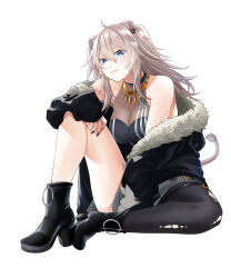 Rule 34 | 1girl, 46take e, absurdres, ahoge, alternate eye color, animal ears, bare shoulders, black footwear, black jacket, black pantyhose, black shirt, blue eyes, blush, boots, breasts, cleavage, commentary, ear piercing, fur-trimmed jacket, fur trim, grey hair, grey skirt, hair between eyes, hand on own knee, high heel boots, high heels, highres, hololive, jacket, jewelry, knee up, large breasts, lion ears, lion girl, lion tail, long hair, messy hair, miniskirt, necklace, o-ring, o-ring thigh strap, official alternate costume, pantyhose, piercing, see-through, see-through cleavage, shirt, shishiro botan, shishiro botan (1st costume), sidelocks, single leg pantyhose, sitting, skin tight, skirt, sleeveless, sleeveless shirt, solo, tail, thigh strap, torn clothes, torn pantyhose, two side up, virtual youtuber
