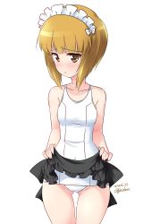 Rule 34 | 1girl, artist name, blonde hair, blush, breasts, brown eyes, cameltoe, clothes lift, collarbone, cutlass (girls und panzer), dated, female focus, girls und panzer, groin, highres, kuzuryuu kennosuke, lifted by self, looking at viewer, maid headdress, one-piece swimsuit, open mouth, shiny skin, short hair, simple background, skirt, skirt lift, small breasts, solo, standing, swimsuit, white background, white one-piece swimsuit