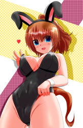 Rule 34 | 1girl, animal ears, bare shoulders, black leotard, blue eyes, breasts, brown hair, cleavage, commentary request, covered navel, ear covers, fake animal ears, gluteal fold, highleg, highres, horse ears, horse girl, horse tail, large breasts, leotard, medium hair, multicolored background, ponytail, smile, solo, strapless, strapless leotard, taiki shuttle (umamusume), tail, tkka, umamusume, underboob, wrist cuffs