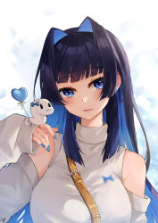 Rule 34 | 1girl, absurdres, animal, animal on hand, bare shoulders, black hair, blue eyes, blue hair, blue nails, blunt bangs, blush, breasts, colored inner hair, commentary, detached sleeves, english commentary, hair intakes, hand up, highres, hololive, hololive english, large breasts, long hair, looking at viewer, lucferz, multicolored hair, ouro kronii, parted lips, shirt, sleeves past wrists, smile, solo, turtleneck, upper body, virtual youtuber, white shirt