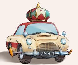 Rule 34 | aston machan (umamusume), aston martin, bad id, bad pixiv id, car, carrot, commentary request, crown, grey background, kazetuki, license plate, motor vehicle, name connection, no humans, object namesake, shadow, simple background, umamusume, vehicle focus