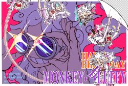 Rule 34 | 1boy, adjusting goggles, alternate form, character name, devil fruit power, english text, gear fifth, goggles, happy birthday, highres, holding lightning bolt, lightning, monkey d. luffy, one piece, open mouth, purple eyes, sandals, sash, scar, scar on chest, scar on face, shinonome (7566ani), shirt, short hair, shorts, smile, smoke, sparkle, teeth, tongue, tongue out, twitter username, variations, white hair, white sash, white shirt, white shorts