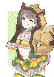 Rule 34 | 1girl, ;), animal ears, animal hood, artist name, artist request, bandeau, black gloves, blush, bow, breasts, brown gloves, brown hair, brown hoodie, brown jacket, buttons, choker, collarbone, exciting animal (love live!), female focus, frill trim, frilled bandeau, frilled cuffs, frilled skirt, frilled sleeves, frills, fur-trimmed jacket, fur jacket, fur trim, gloves, green background, green bow, green choker, green ribbon, grey hair, hair ornament, heart, heart (symbol), heart print, highres, hood, hood up, hooded jacket, hoodie, jacket, leaf hair ornament, leaf print, light brown hair, long sleeves, looking at viewer, love live!, love live! nijigasaki high school idol club, love live! school idol festival, love live! school idol festival all stars, medium breasts, miniskirt, nakasu kasumi, neck ribbon, one eye closed, orange bandeau, orange skirt, parted lips, pink bow, pink eyes, plaid, plaid skirt, pleated, pleated skirt, puffy long sleeves, puffy sleeves, purple eyes, raccoon costume, raccoon ears, raccoon hood, raccoon tail, ribbon, ribbon trim, short hair, skirt, smile, solo, tail, teeth, two-tone skirt, white background, white wrist cuffs, wink, wrist cuffs
