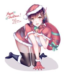 Rule 34 | 1girl, 2016, arm support, bell, black footwear, black thighhighs, blush, boots, breasts, brown eyes, brown hair, candy, candy cane, christmas, cleavage, d.va (overwatch), dated, dress, facial mark, fang, food, full body, fur-trimmed boots, fur-trimmed gloves, fur trim, gingerbread man, gloves, green ribbon, hand up, hat, headphones, holding, kevn, knee boots, kneeling, long hair, looking at viewer, matching hair/eyes, medium breasts, merry christmas, open mouth, over shoulder, overwatch, overwatch 1, red gloves, ribbon, sack, santa hat, signature, simple background, smile, solo, thighhighs, whisker markings, white background