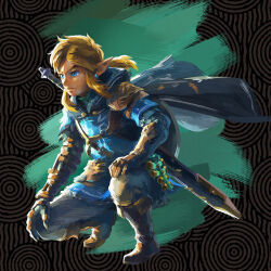 Rule 34 | 1boy, blonde hair, blue eyes, cloak, earrings, jewelry, link, long hair, male focus, master sword, nintendo, official alternate costume, official art, pointy ears, ponytail, shield, shield on back, short sleeves, solo, sword, the legend of zelda, the legend of zelda: breath of the wild, the legend of zelda: tears of the kingdom, weapon