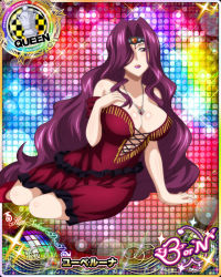 Rule 34 | 1girl, bare shoulders, breasts, card (medium), chess piece, cleavage, dress, female focus, hair over one eye, high school dxd, jewelry, large breasts, long hair, necklace, official art, purple eyes, purple hair, purple lips, queen (chess), red dress, solo, yubelluna