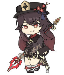 Rule 34 | 1girl, :q, black hair, black shorts, chibi, chinese clothes, commentary request, flower, full body, genshin impact, hair between eyes, hand on own hip, hat, hat flower, hat ornament, holding, holding polearm, holding spear, holding weapon, hu tao (genshin impact), long hair, long sleeves, looking at viewer, nyaru (nyaru 4126), polearm, red eyes, shorts, sidelocks, simple background, smile, solo, spear, staff of homa (genshin impact), standing, standing on one leg, symbol-shaped pupils, tongue, tongue out, weapon, white background
